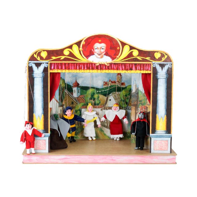 Familien Puppentheater aus Holzkarton und 6 marionetten